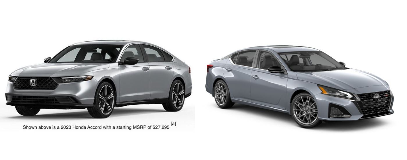 A grey 2023 Honda Accord is shown angled left and a grey 2023 Nissan Altima is shown angled right.