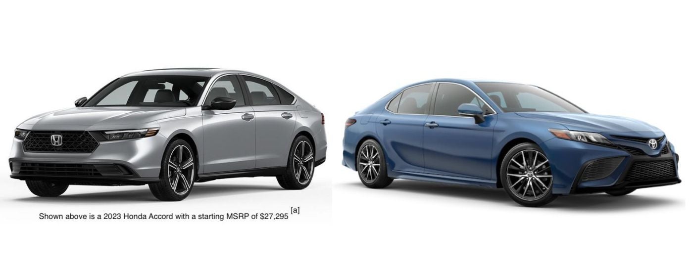 A silver 2023 Honda Accord and a blue 2023 Toyota Camry are shown.