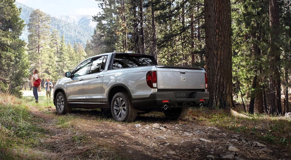 A white 2024 Honda Ridgeline is shown from the rear at an angle while off-road.