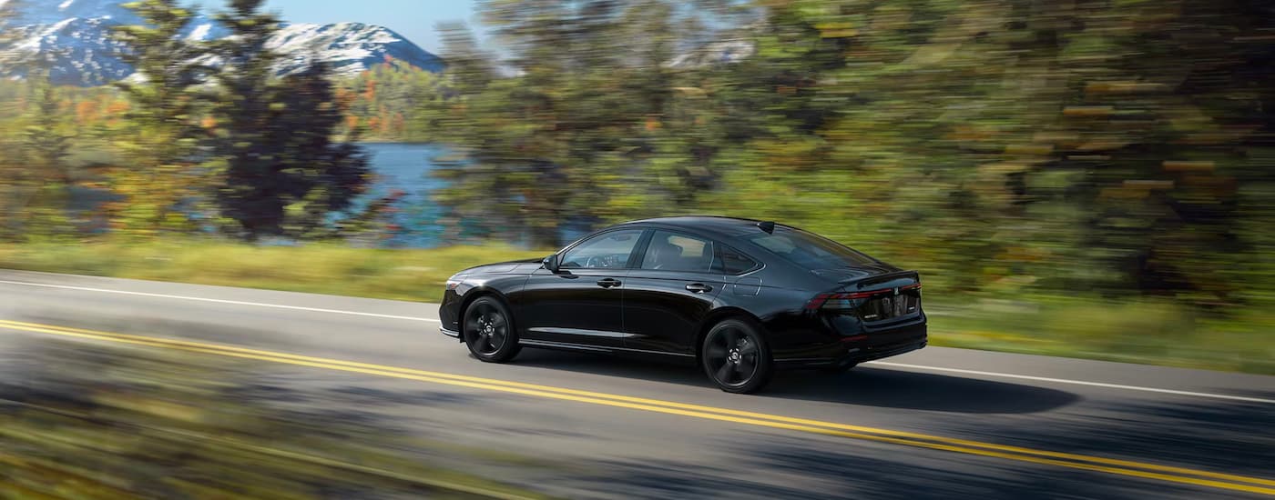 A black 2023 Honda Accord Sport is shown from a rear angle driving on an open road.