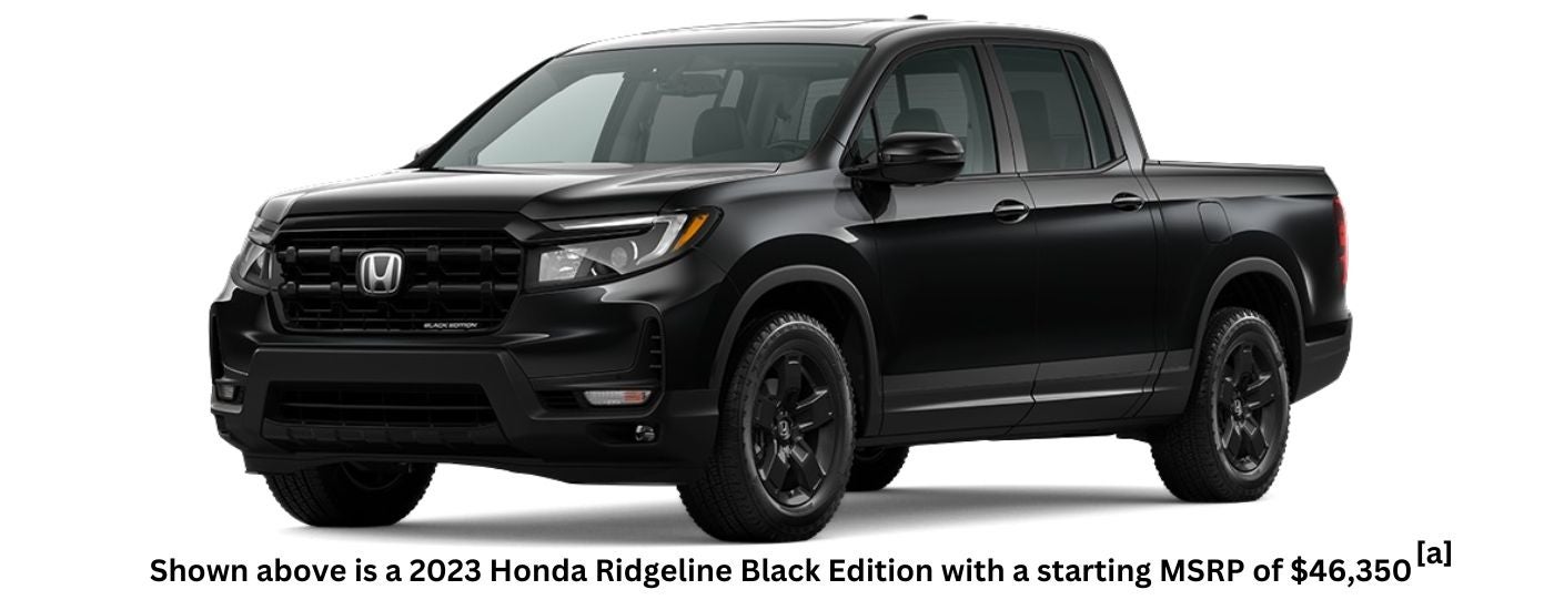 A black 2023 Honda Ridgeline Black Edition is shown angled left.