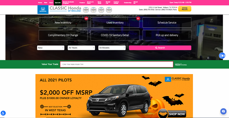 Screenshot of the Classic Honda of Midland Website