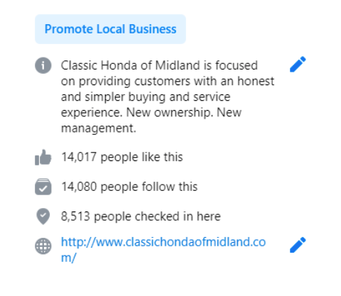 Screenshot of Classic Honda of Midland's Facebook Bio and Follower Count